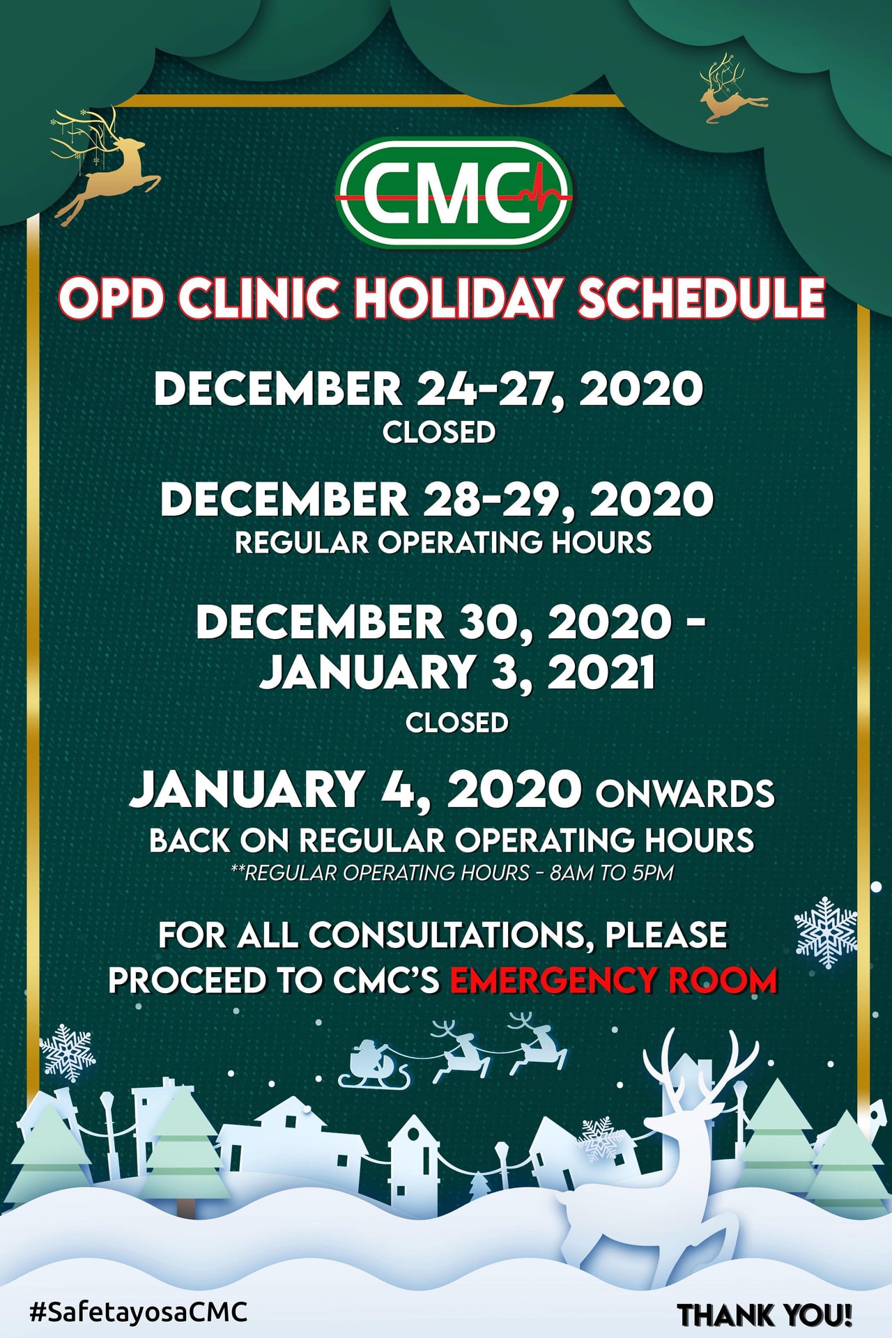 Calamba Medical Center - CMC Out-Patient Clinic Holiday Schedule